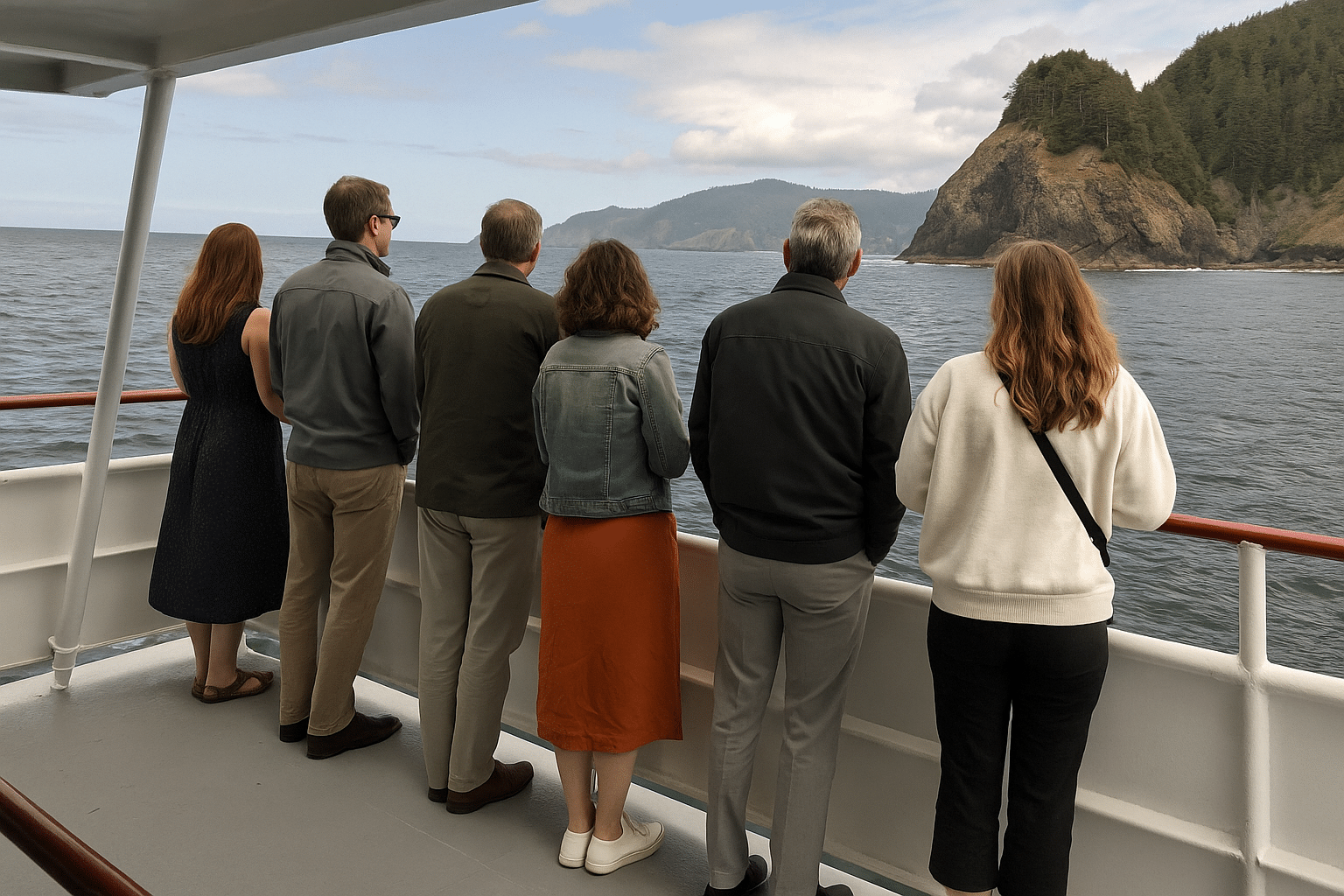 Guests in casual attire enjoying the Oregon Coast views from their cruise.