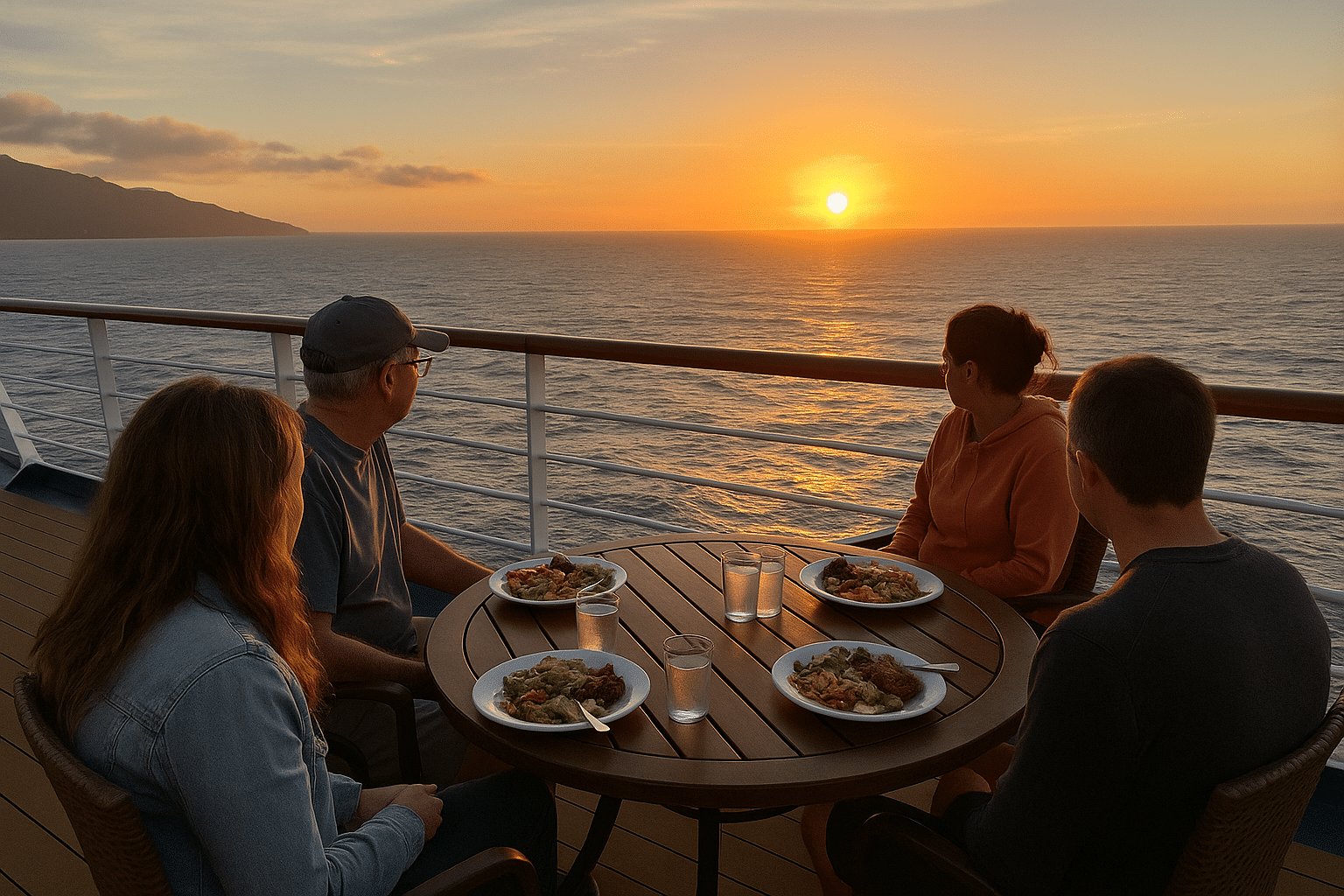 Dining on a cruise ship deck overlooking the Pacific Ocean