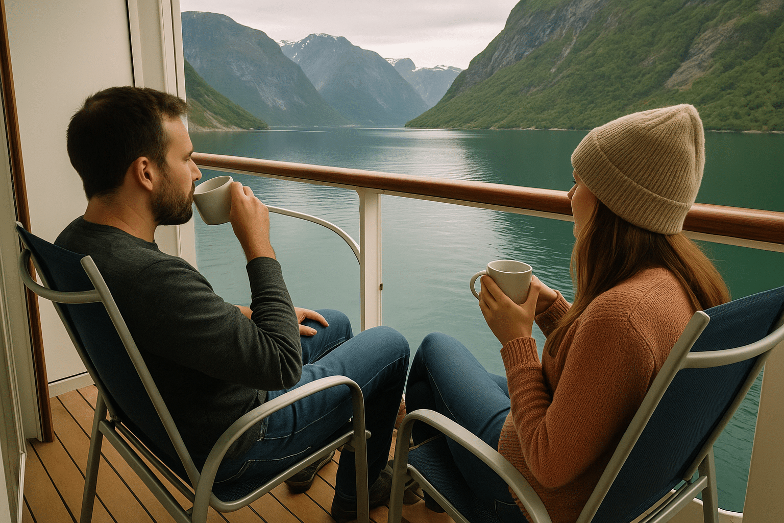 Couple relaxing on their cruise cabin balcony with a scenic view