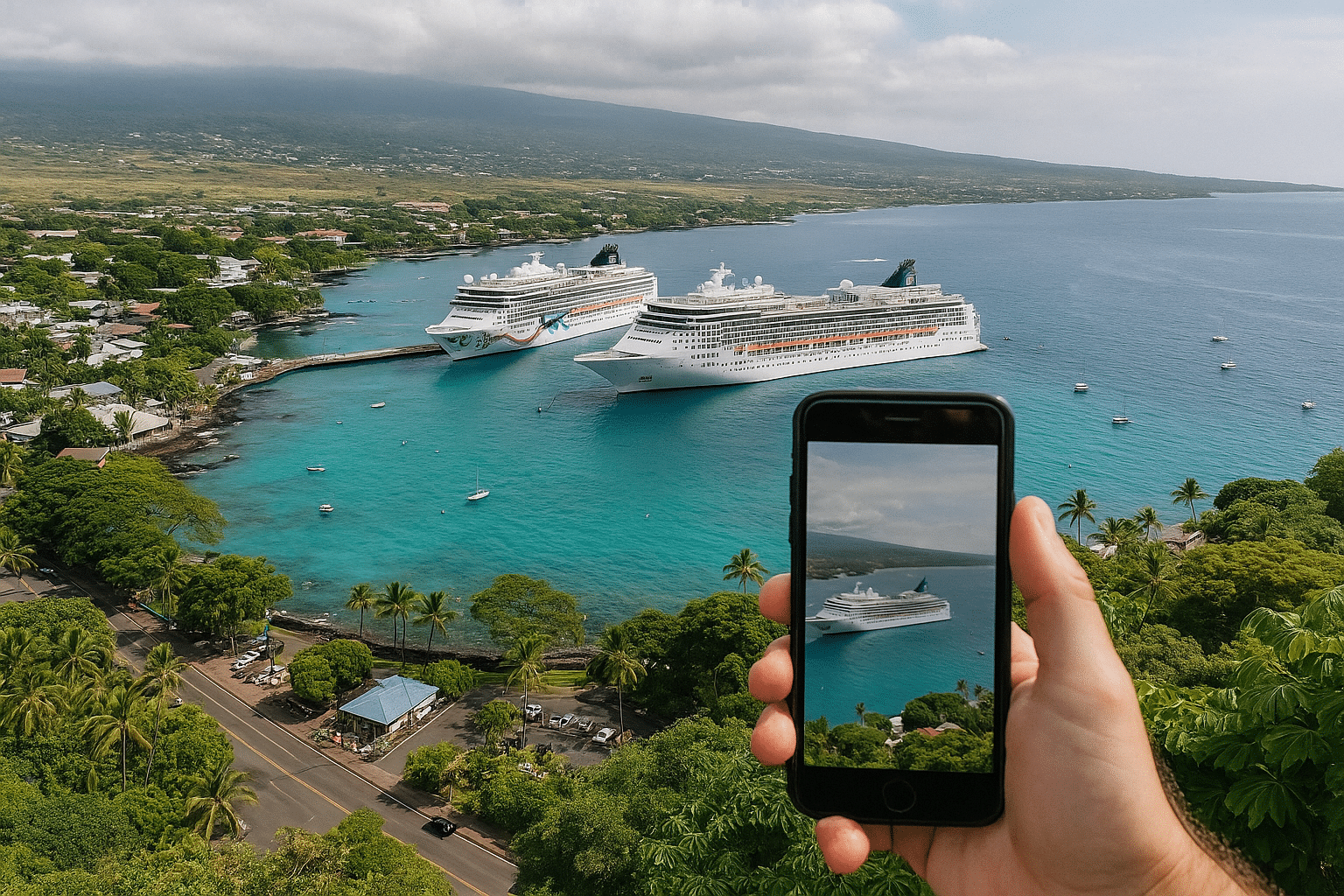 Kona cruise port with lush scenery.