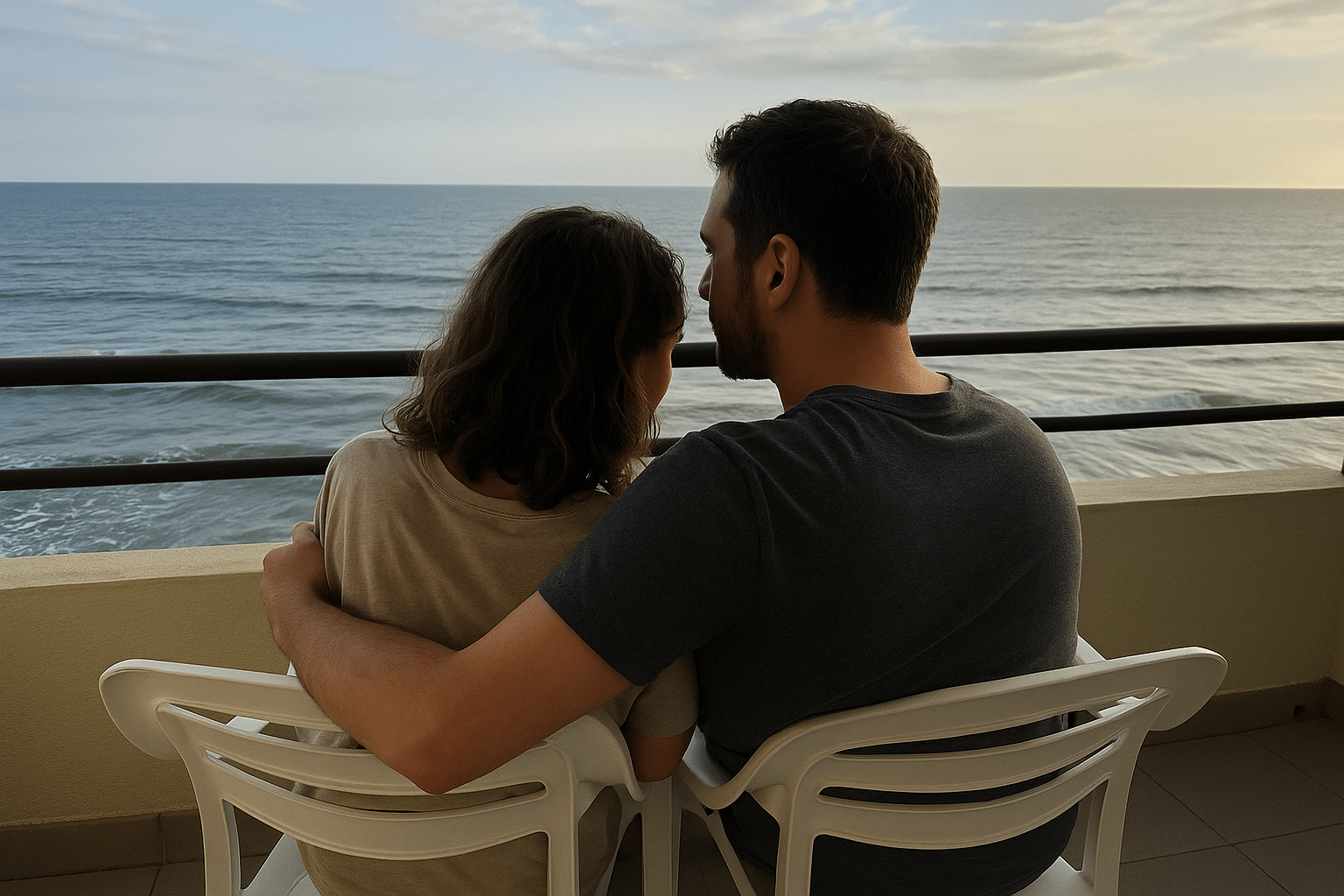 Couple enjoying the ocean view from their cruise ship balcony