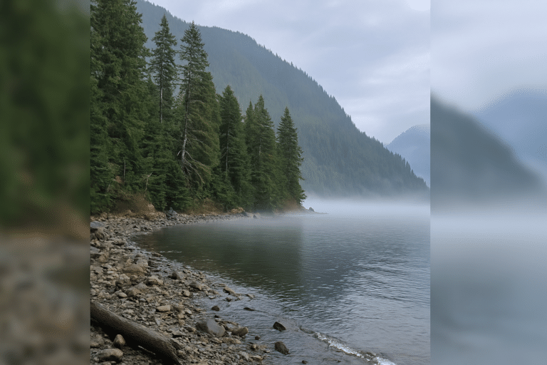 Evergreen forest by Alaskan fjord.