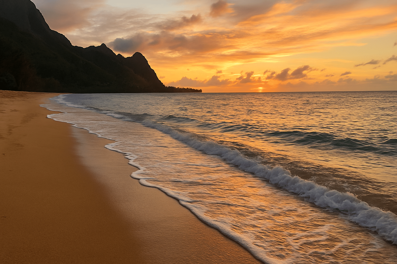Beach view in Kauai at sunset