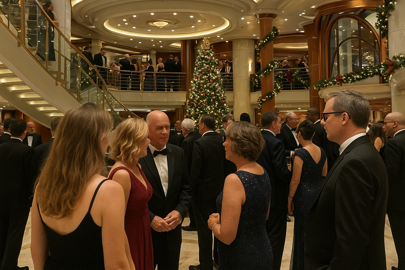 Guests dressed formally for a cruise evening