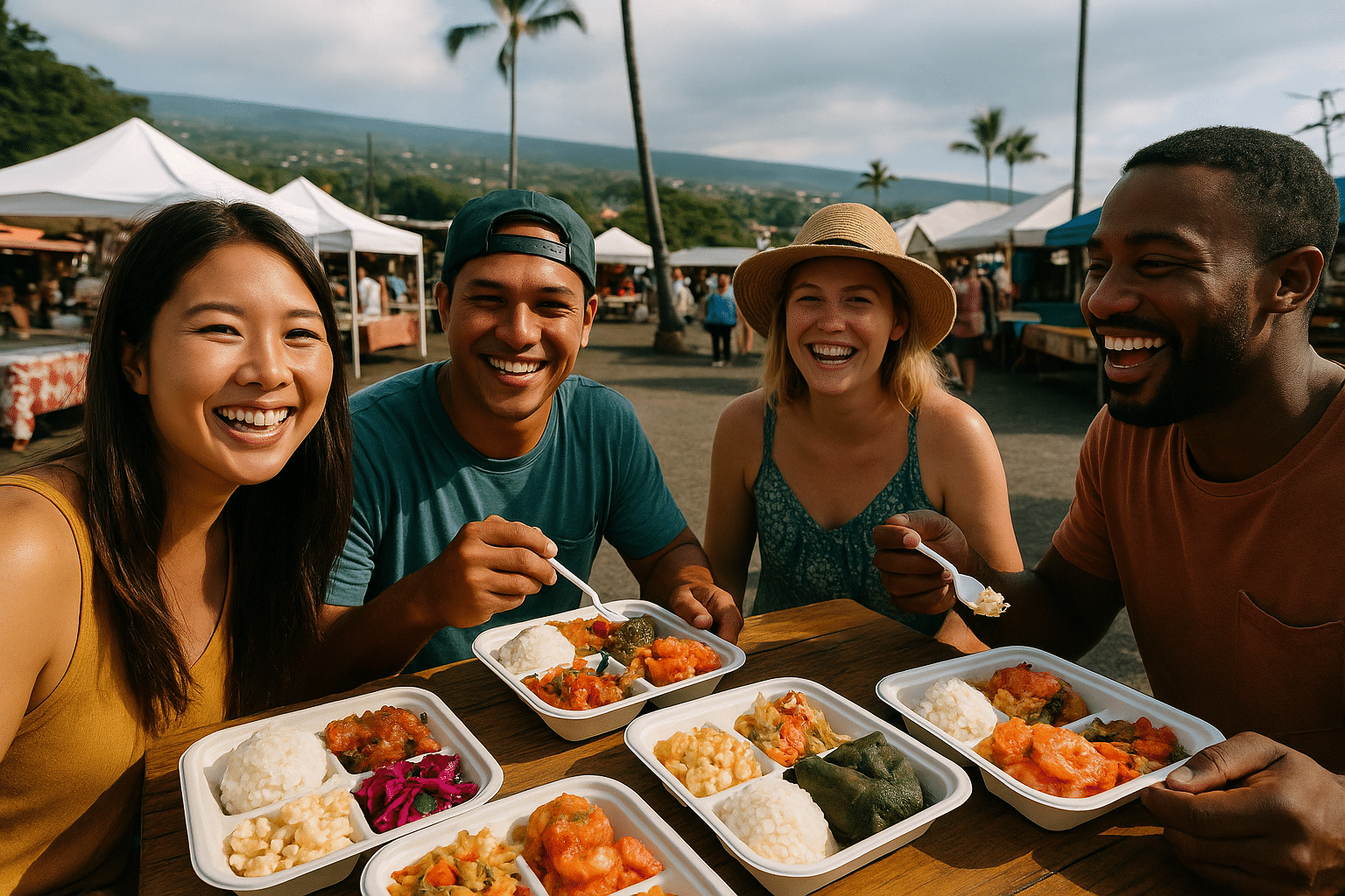 Local cuisine sampling in Kona during a Hawaii cruise.