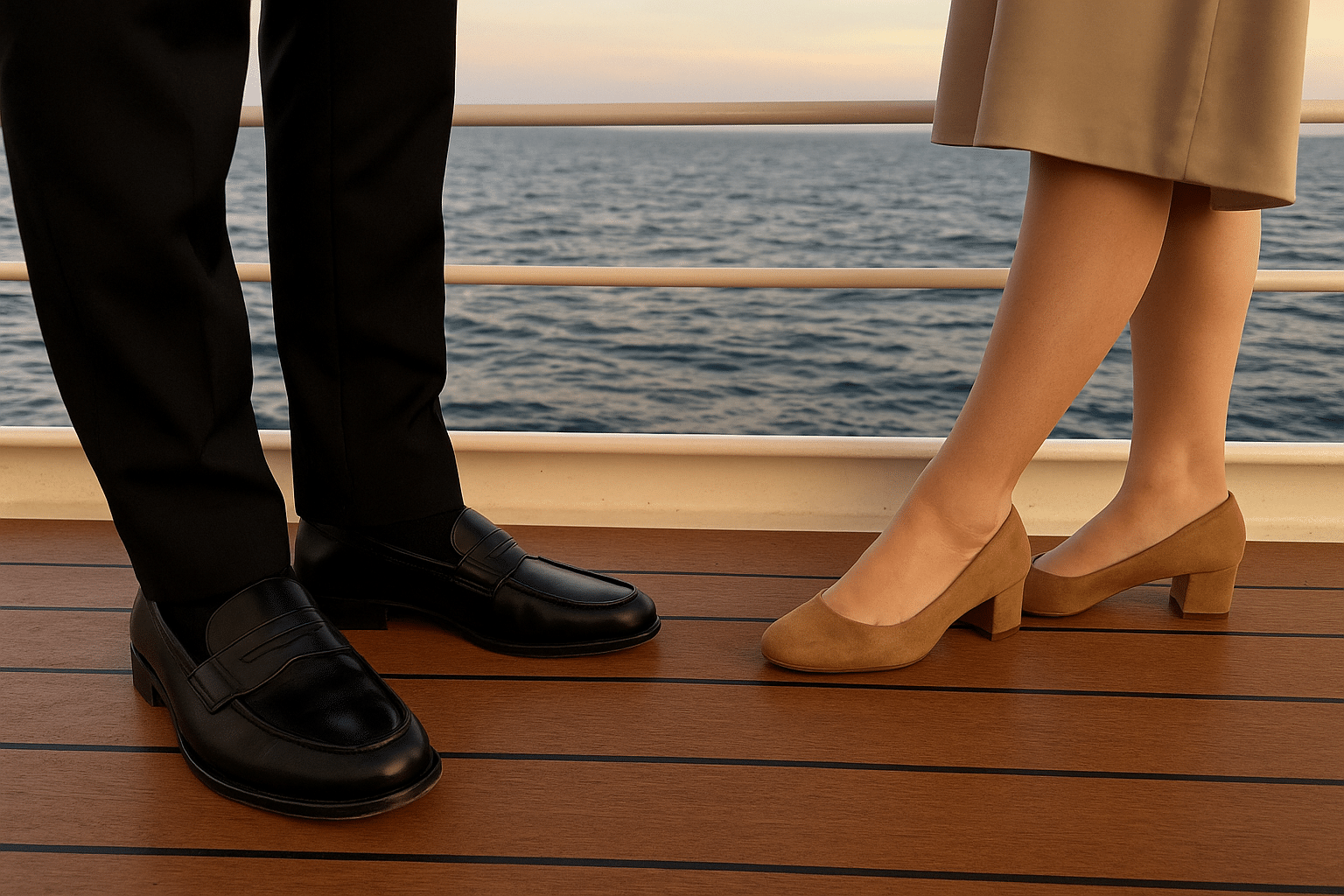 Polished loafers and elegant heels on Oregon Coast dinner cruise deck.