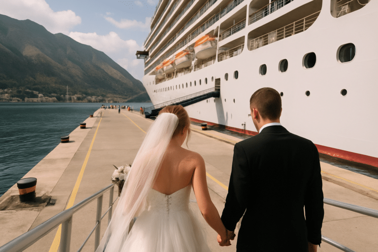 Couple arriving at the port for their cruise wedding.