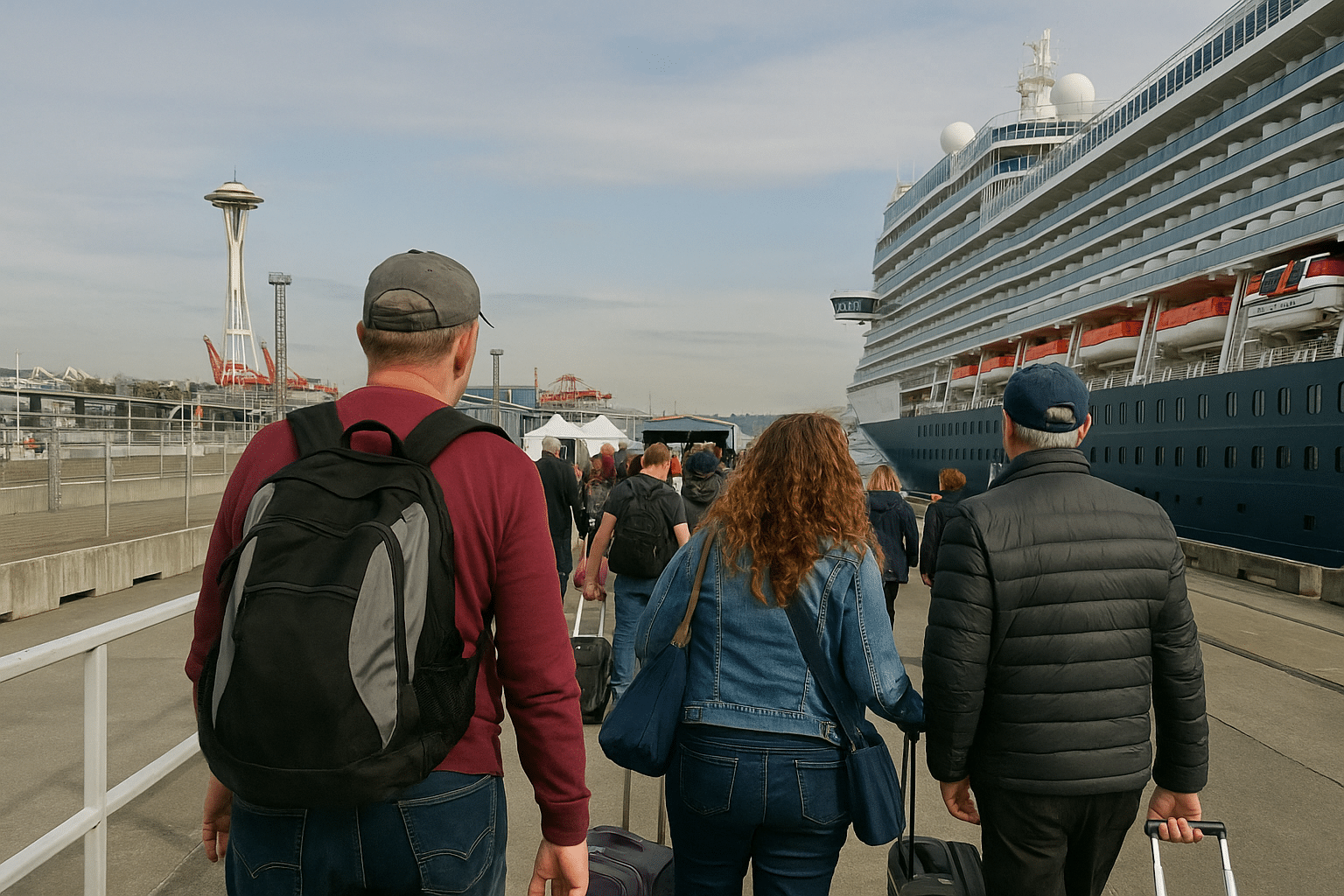 Travelers checking in at Seattle cruise terminal