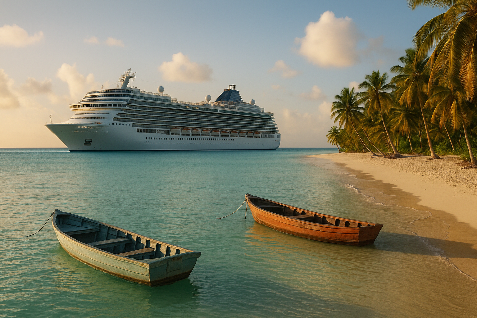 Cruise ship anchored off a palm-lined Caribbean beach at sunset