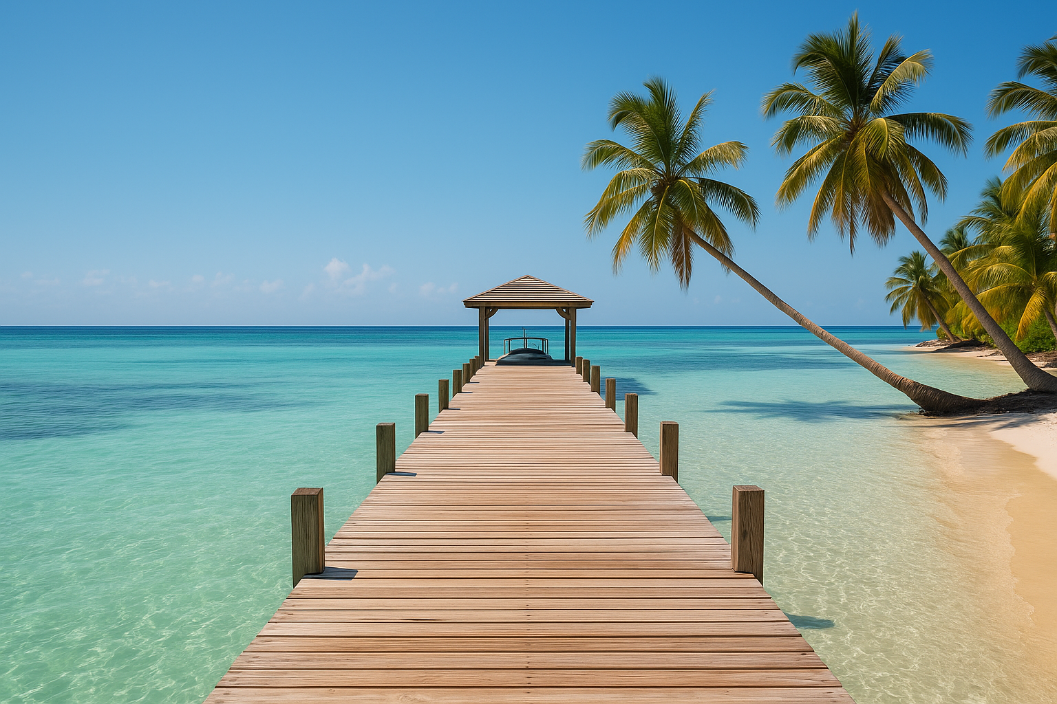 Wooden pier over clear turquoise Caribbean water
