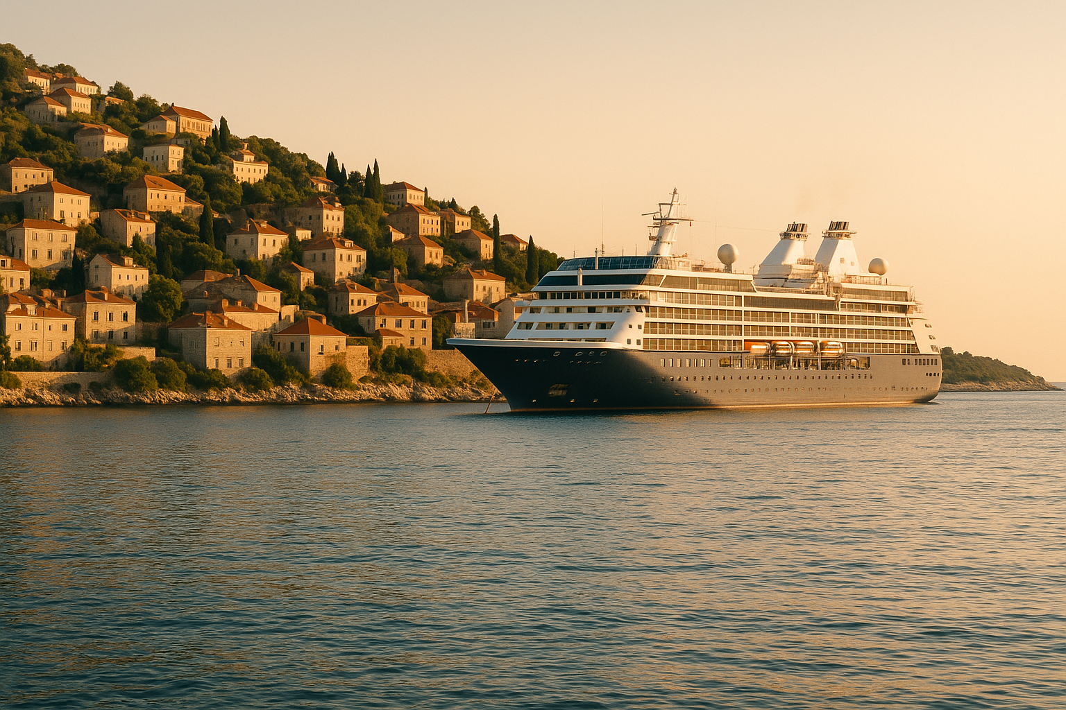 Cruise ship anchored below a Mediterranean hillside town at golden hour