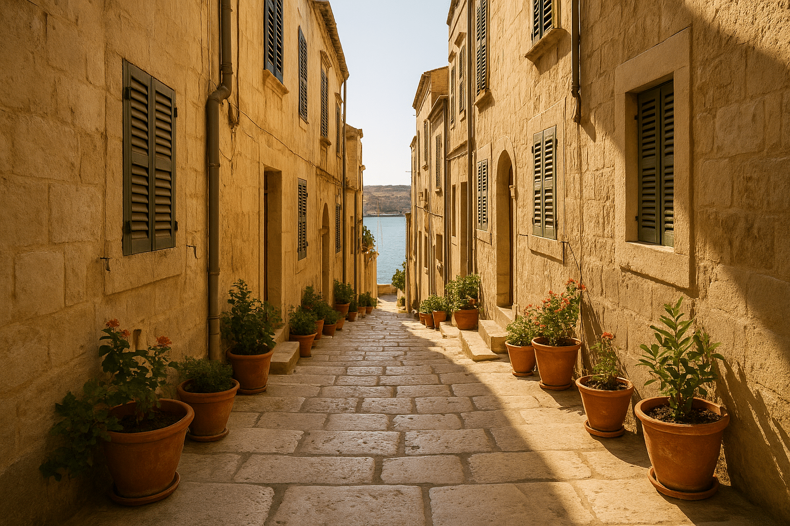 Narrow stone street with flower pots leading down to a Mediterranean harbour