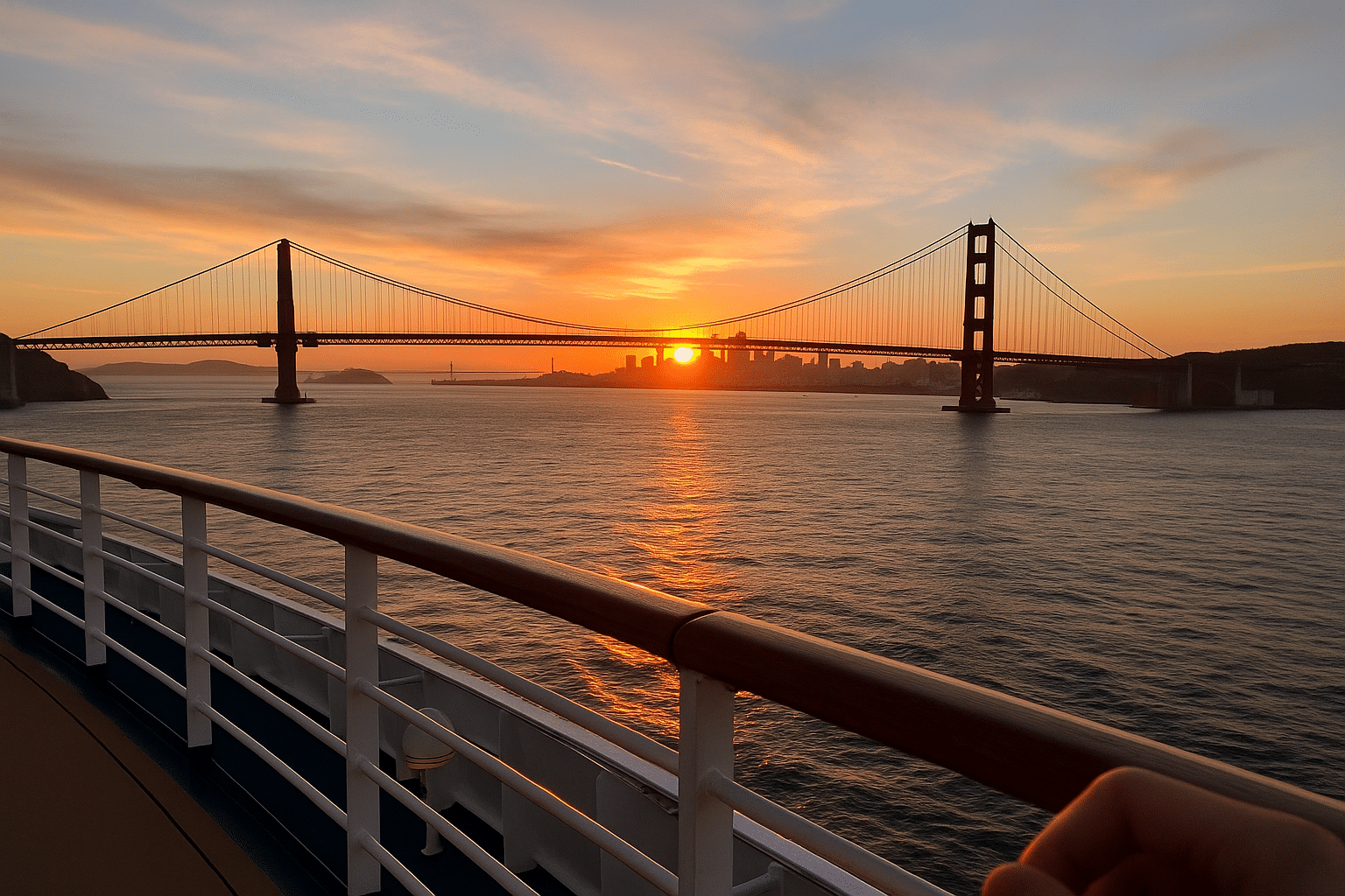 Golden Gate Bridge at sunset from a cruise