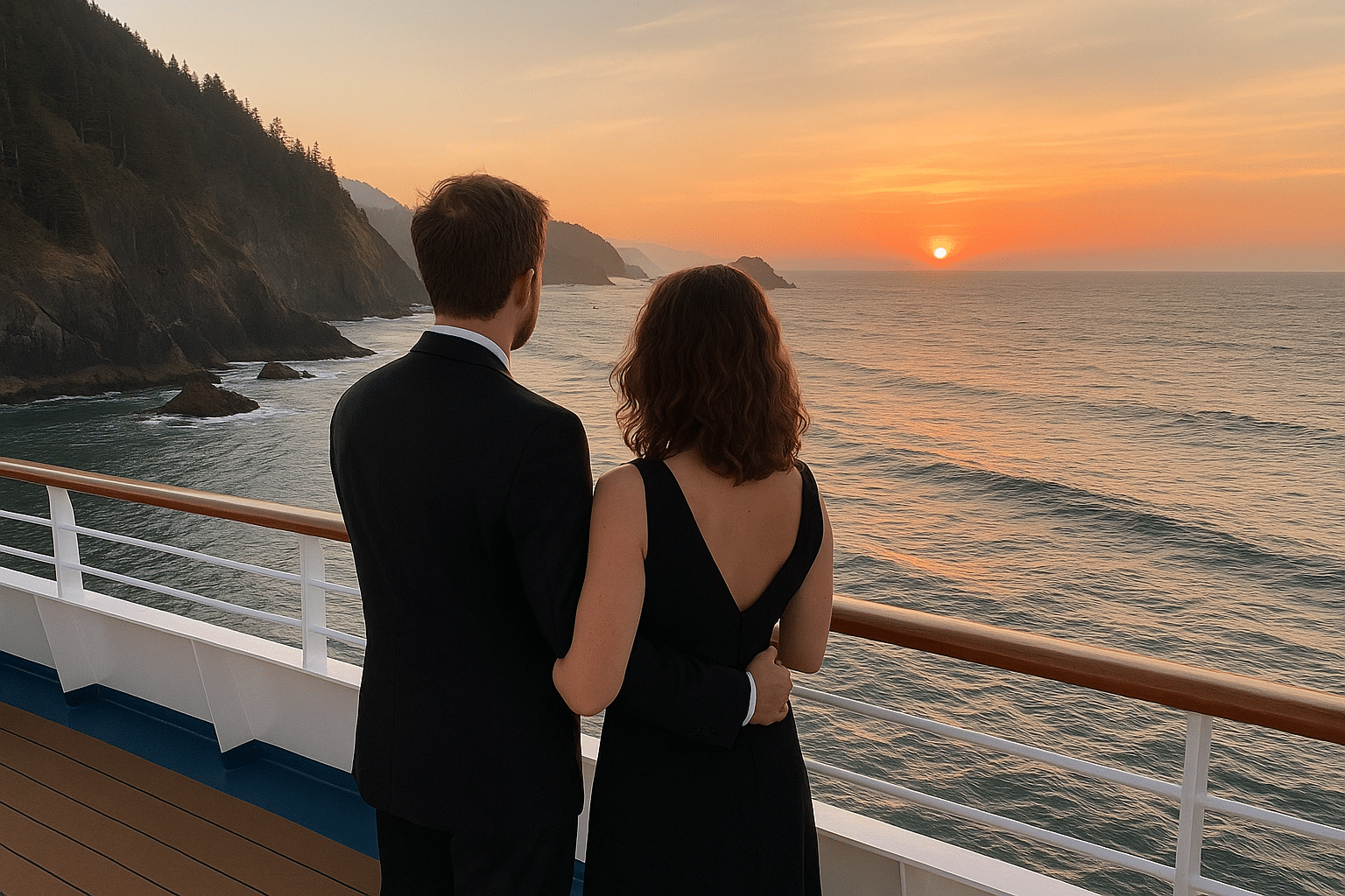 Couple in formal wear on cruise deck.
