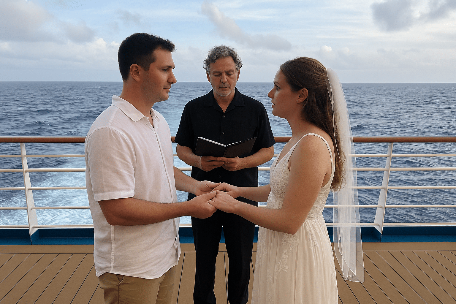 Couple celebrating a cruise ship wedding at sea.
