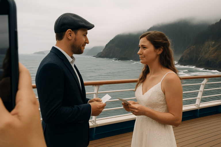 Couple exchanging vows with Oregon Coast cliffs behind them.