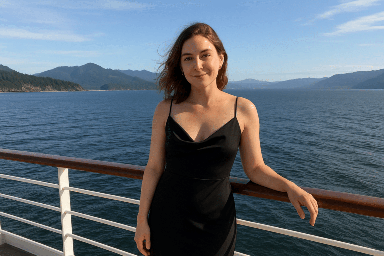 Woman in cocktail dress on cruise ship.