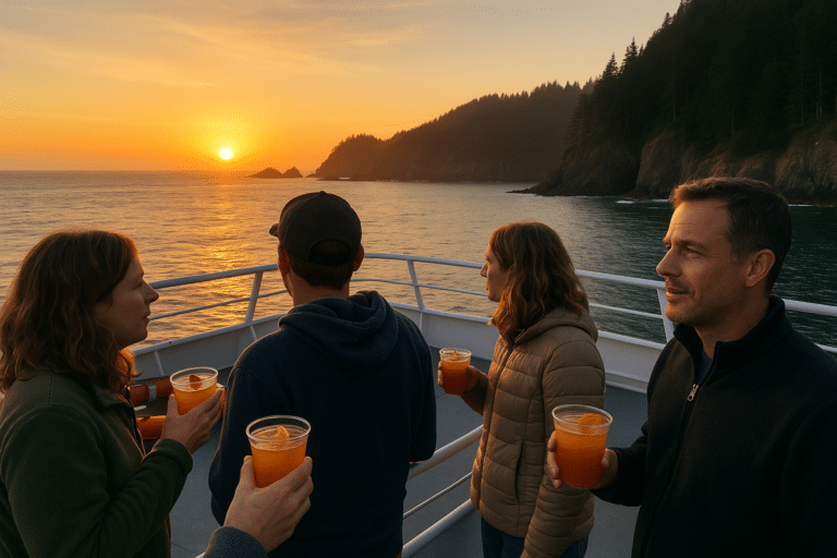 Wedding boat cruise guests enjoying cocktails on the Oregon Coast