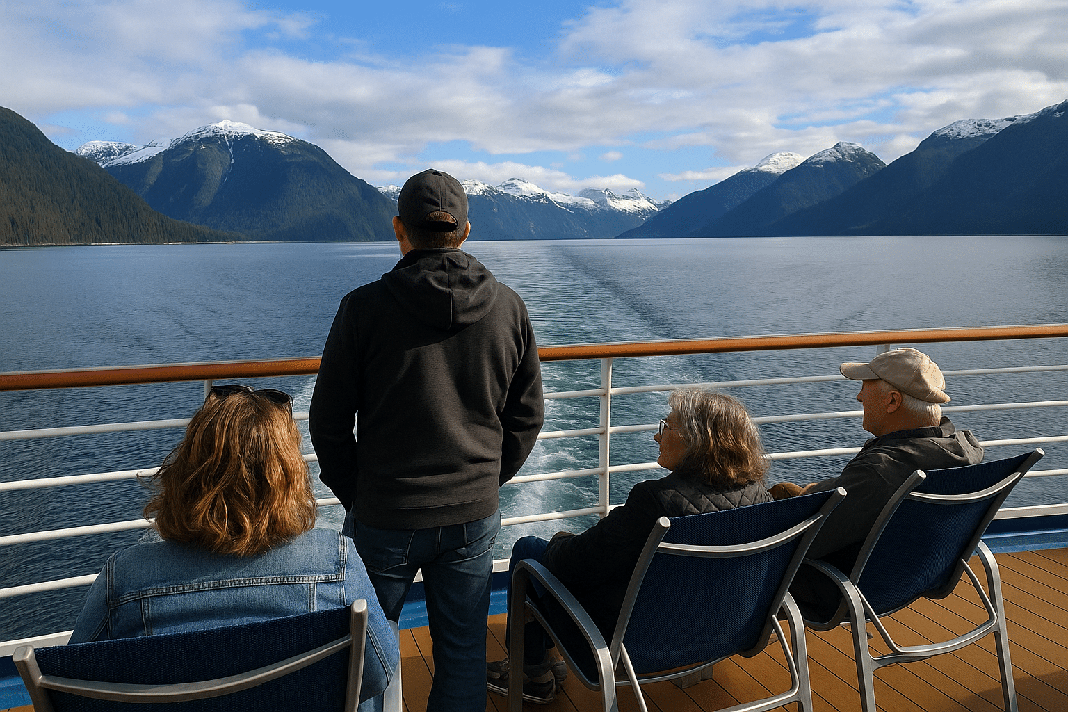 Passengers at the railing of a cruise ship
