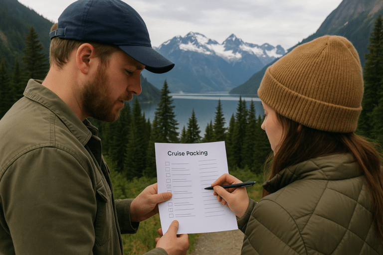 Couple using a packing checklist in Alaska