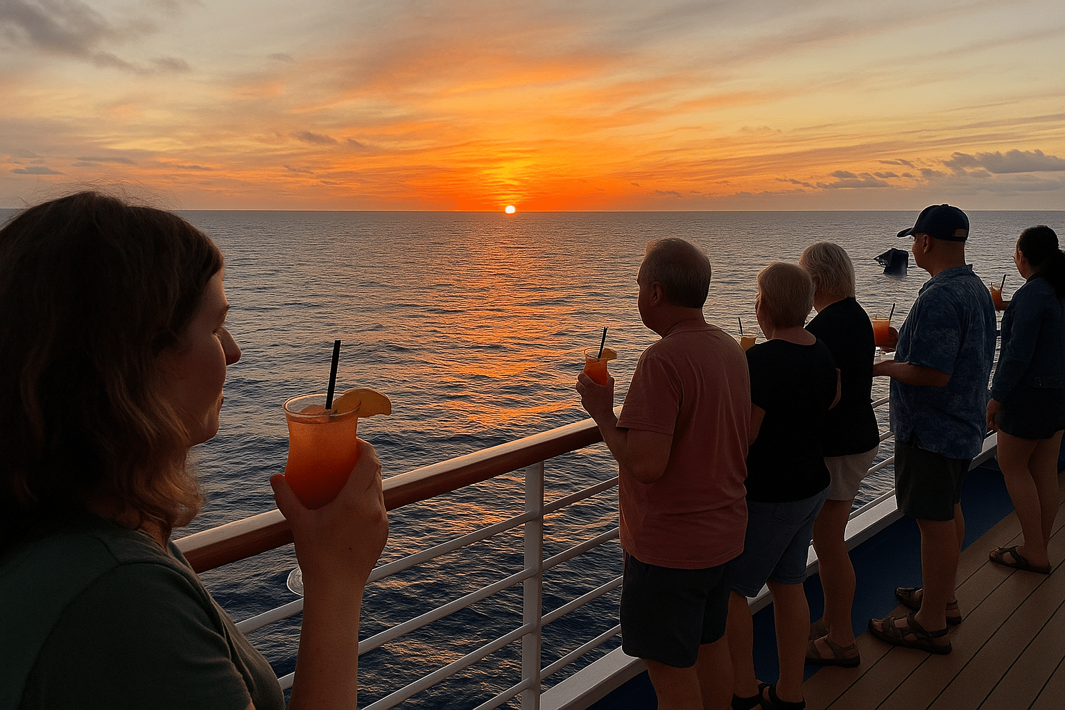 Sunset cocktail hour post cruise ship wedding.