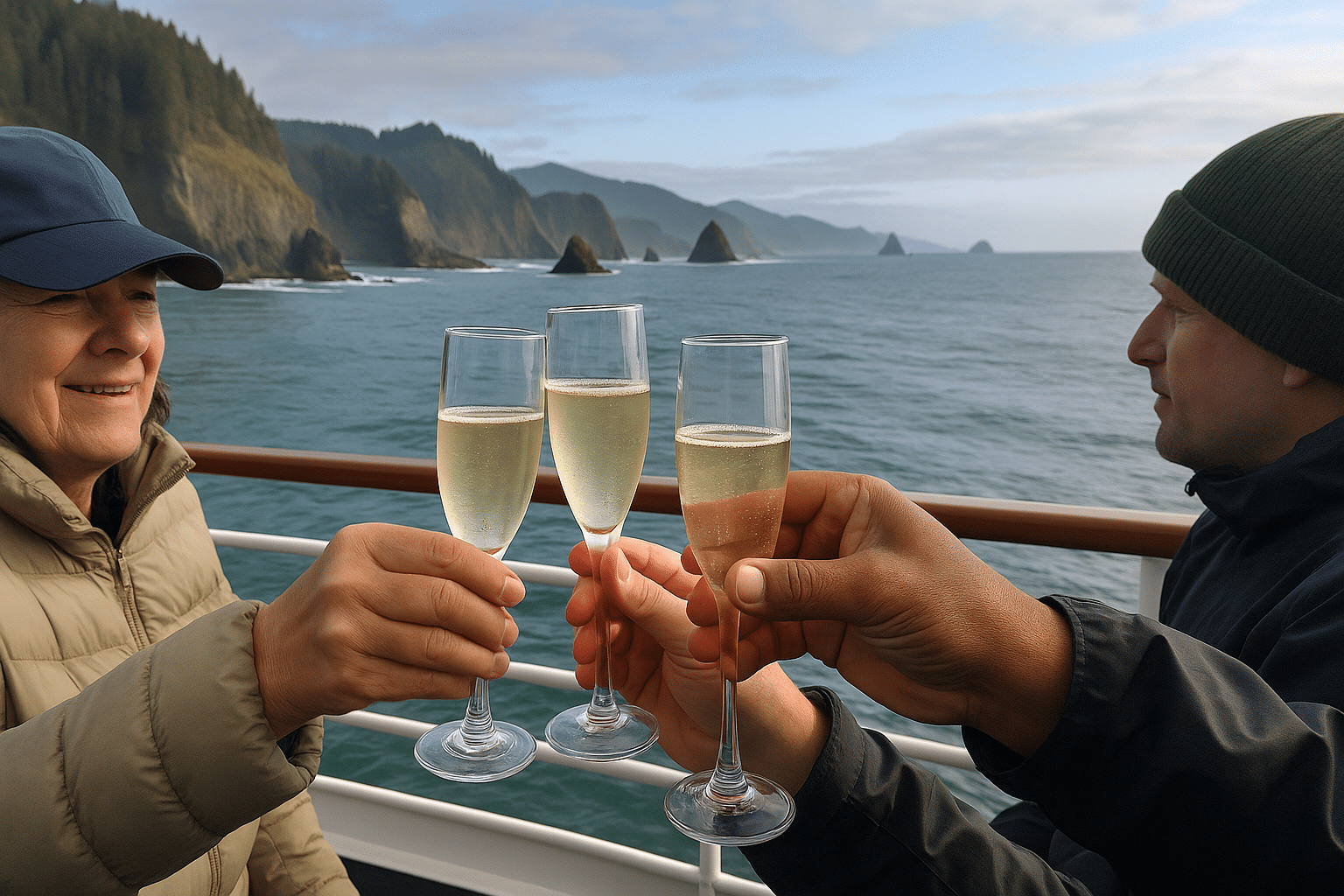 Wedding guests toasting against Oregon's coast.