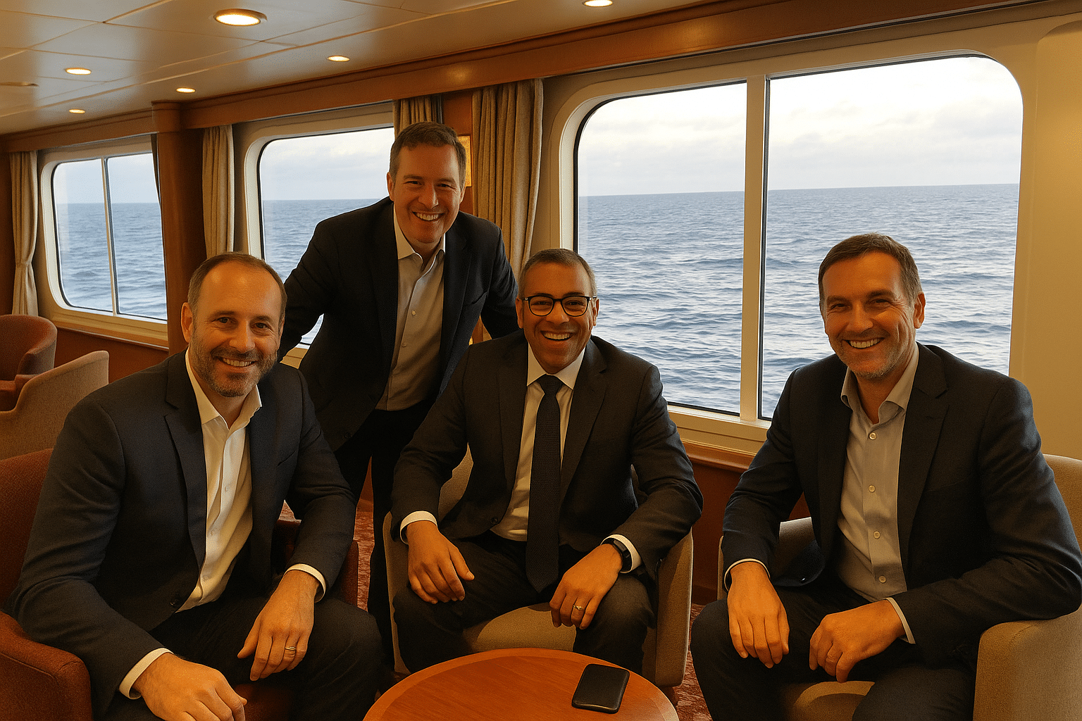 Men in tailored suits on cruise ship.