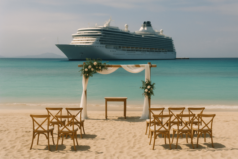 Beachside wedding ceremony at a cruise ship port.
