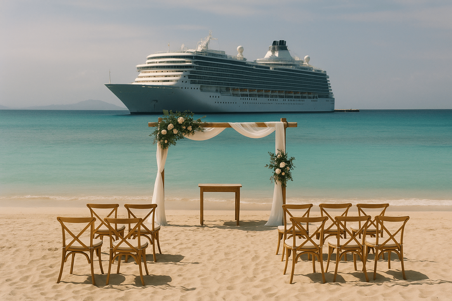 Beachside wedding ceremony at a cruise ship port.