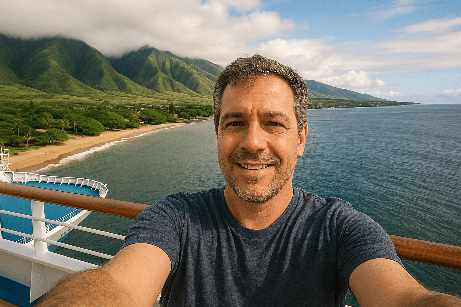 Selfie with Maui's landscape during a cruise to Hawaii.
