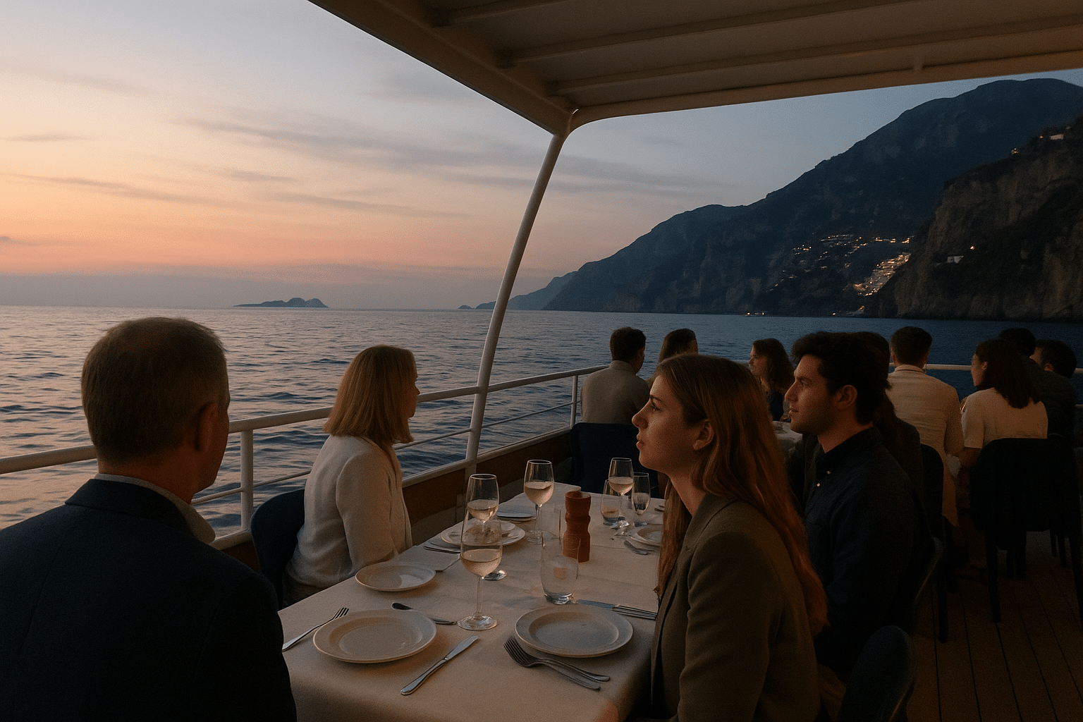 Guests in smart-casual attire on a dinner cruise on the Oregon Coast