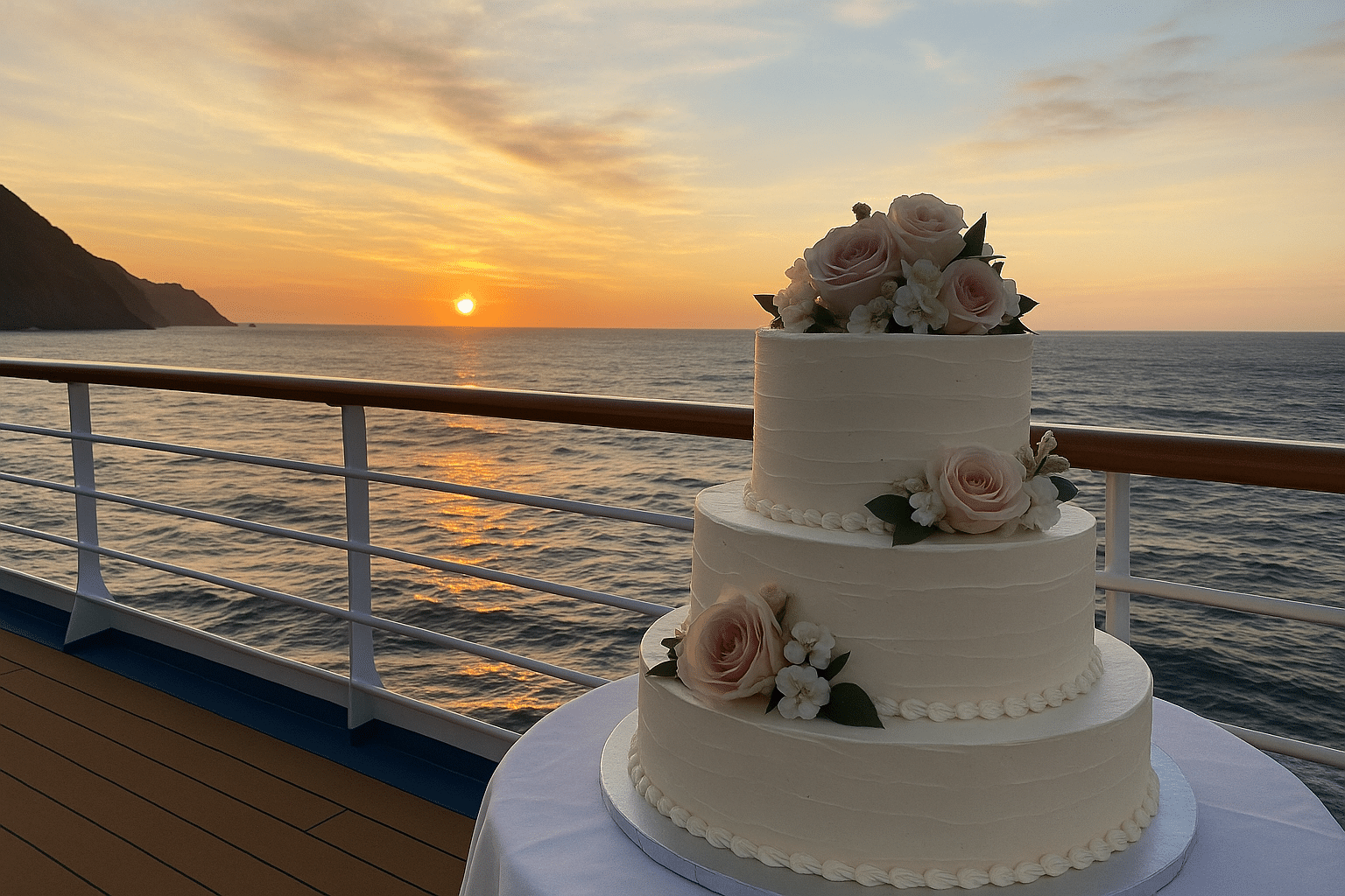 Wedding cake with a sunset view on a cruise ship.