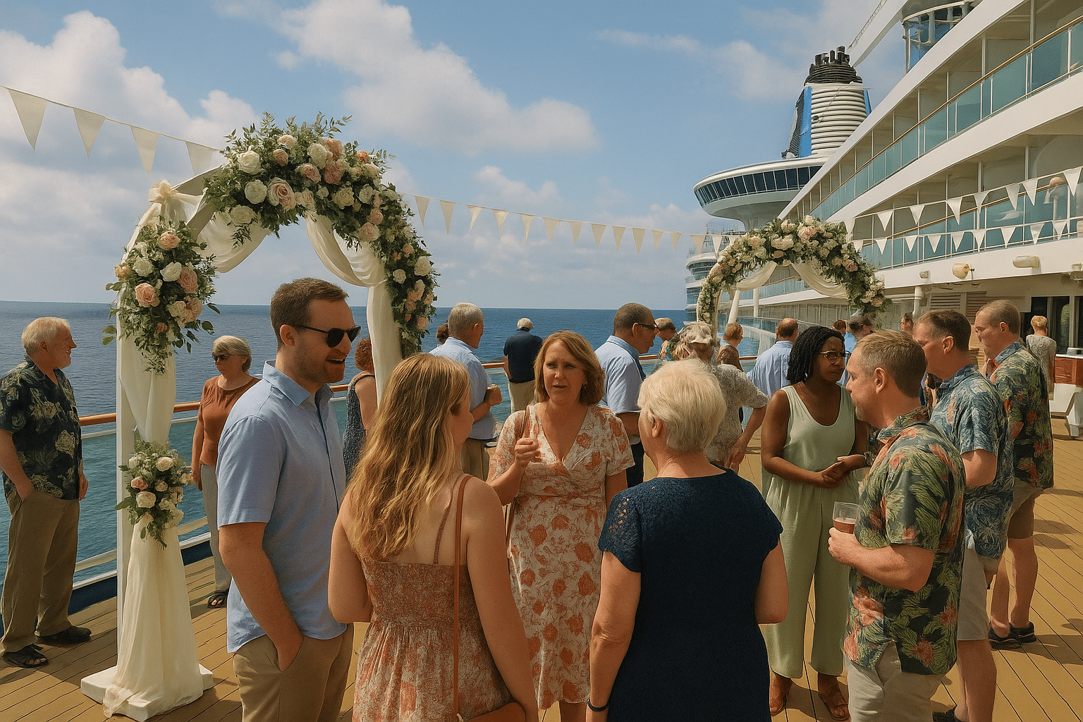 Guests celebrating a cruise ship wedding.