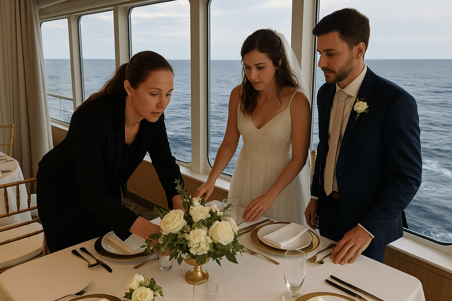 Wedding coordinator assisting with decor onboard.