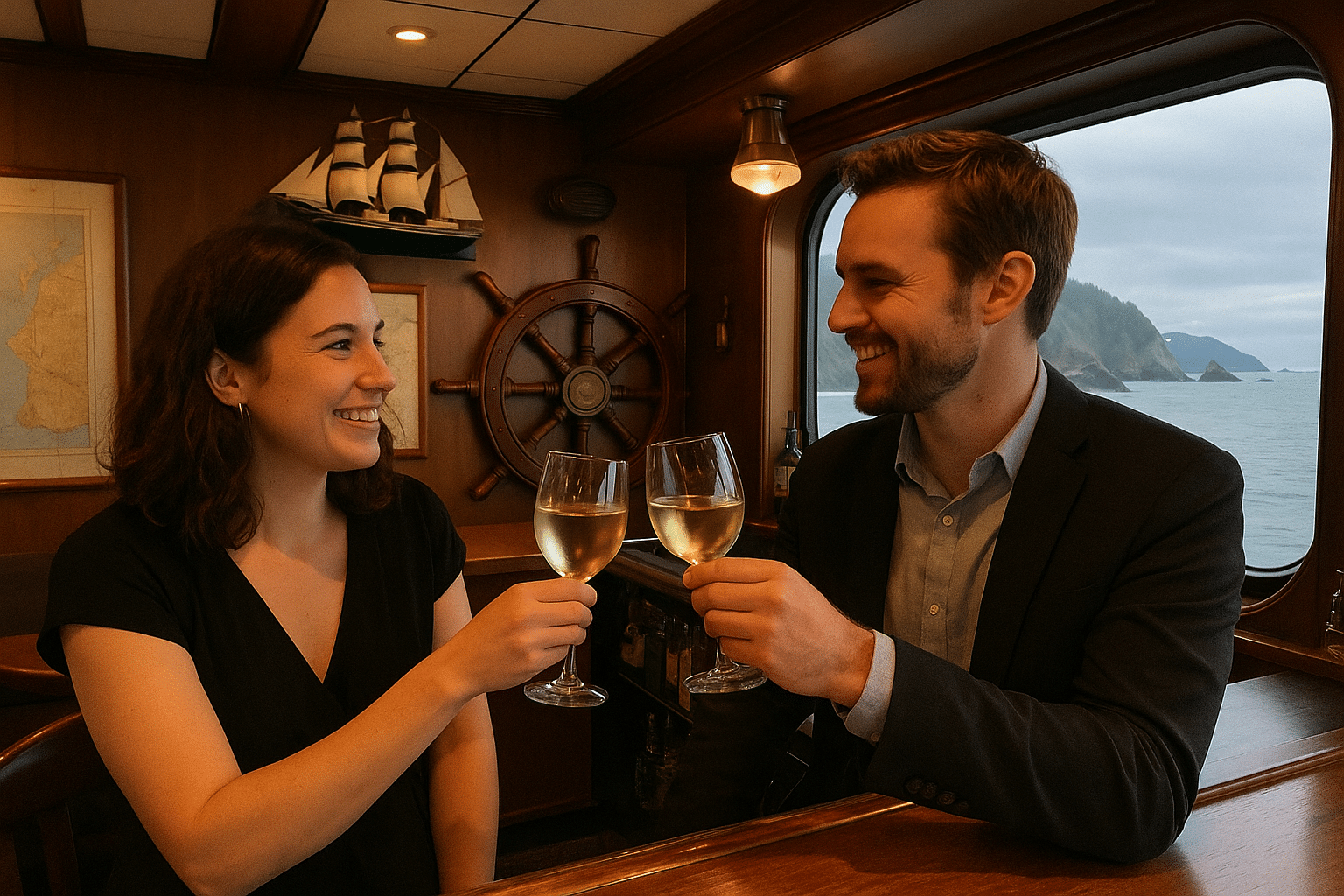 Couple toasting on a cruise ship.