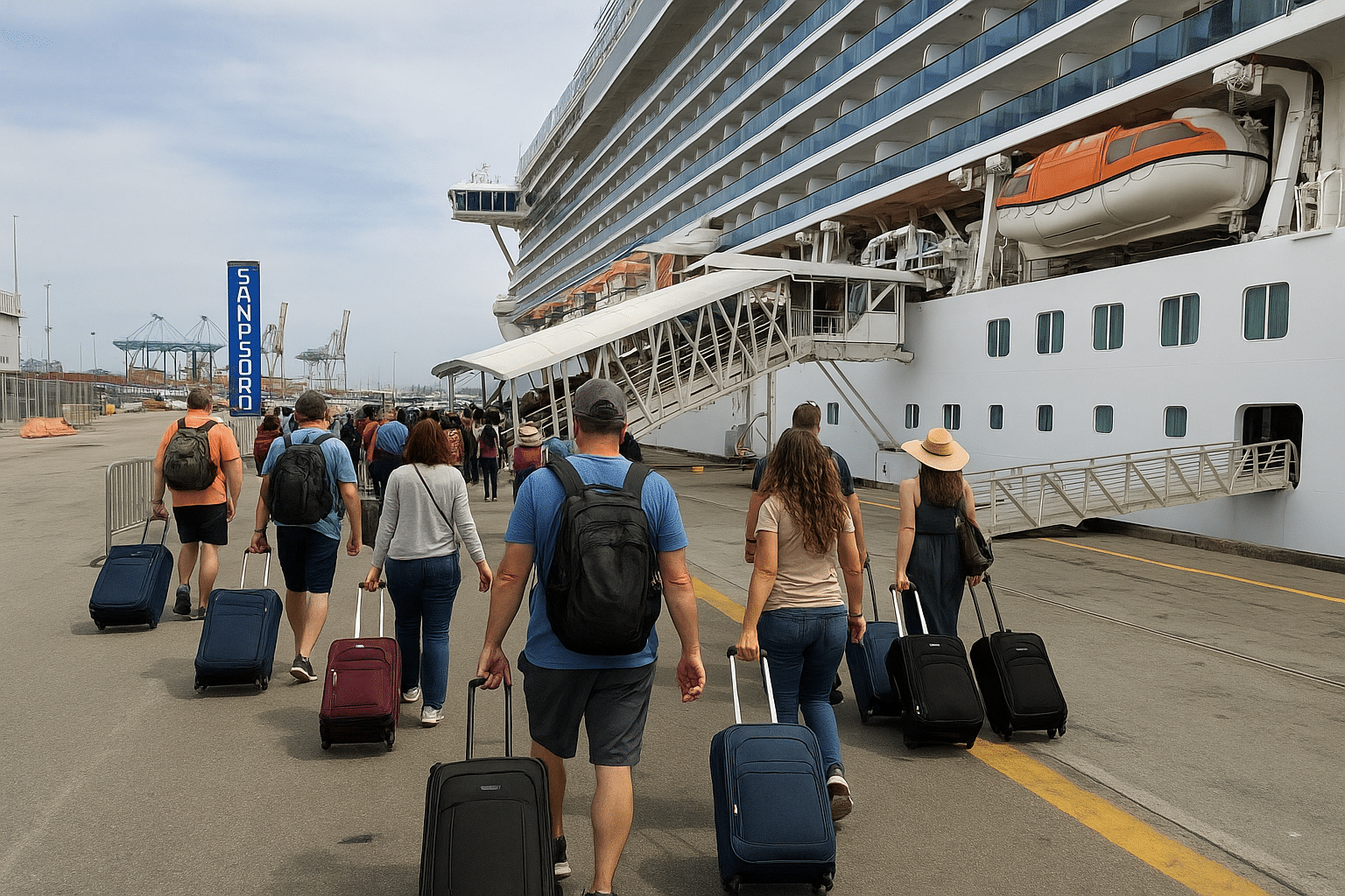 Passengers boarding at San Pedro port.