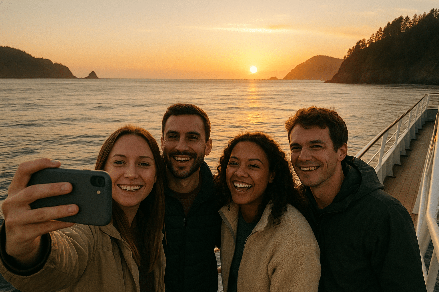 Friends enjoying a sunset cruise on the Oregon Coast
