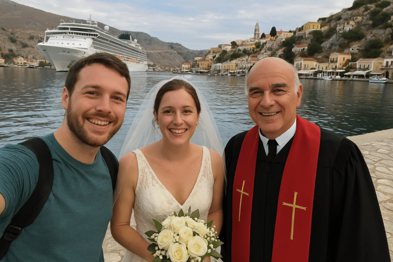 Wedding officiant with a couple in port