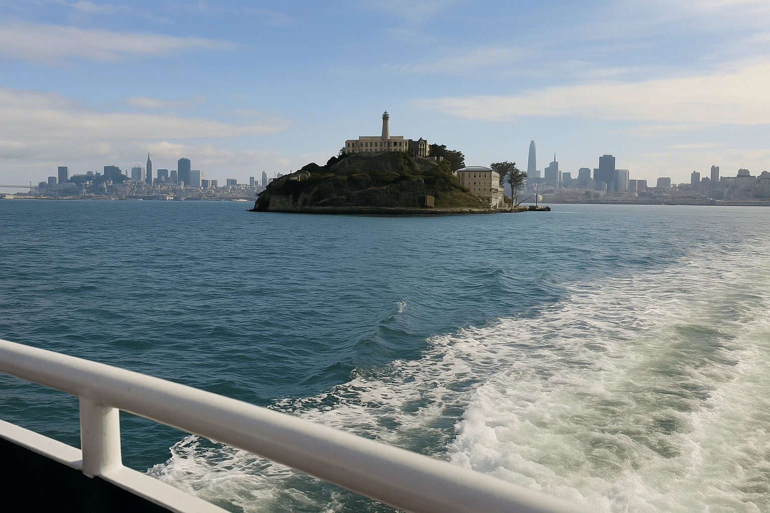 Ferry view of Alcatraz Island and San Francisco skyline