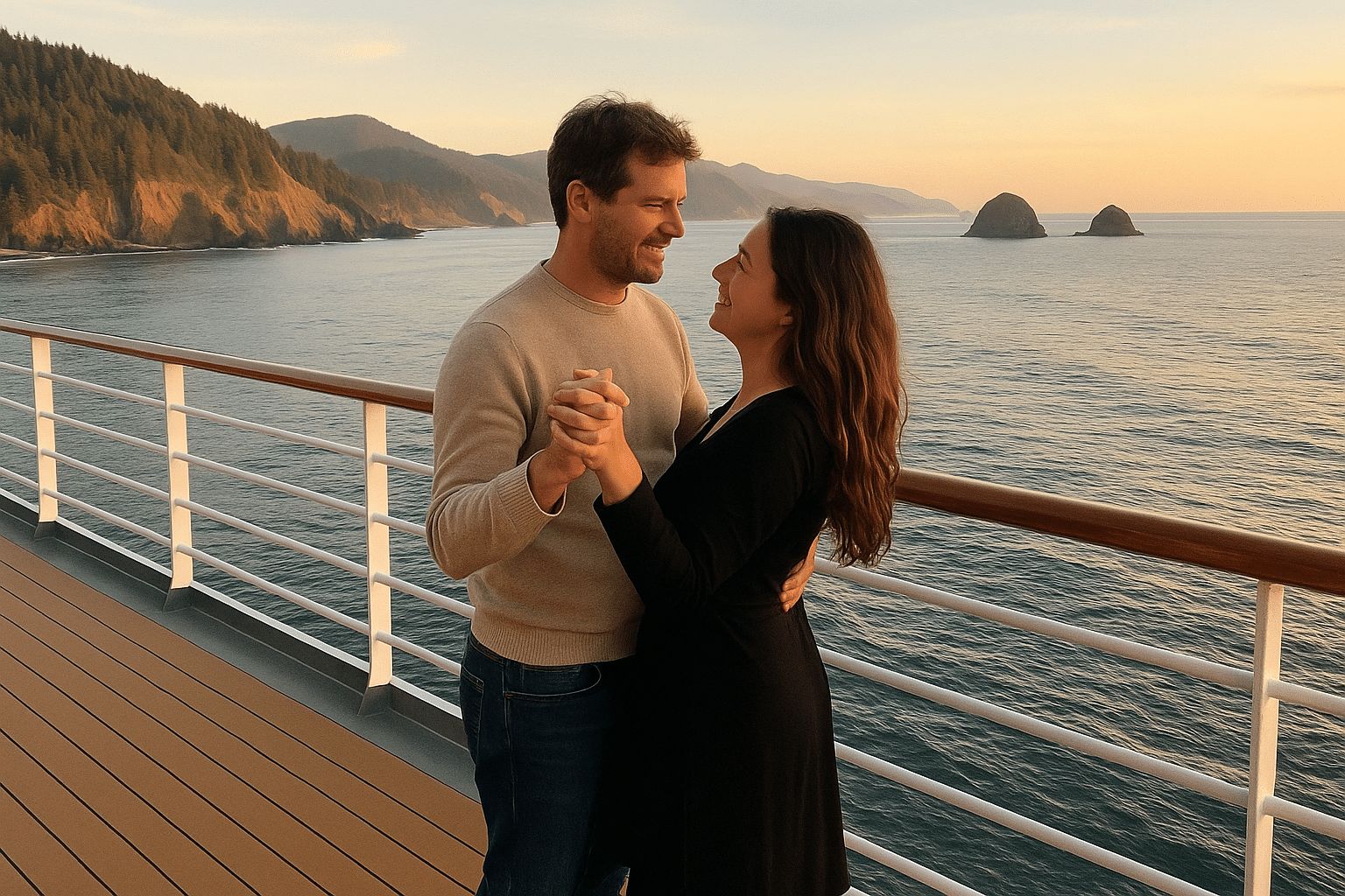 Couple dancing on deck with Oregon coastline in the background.