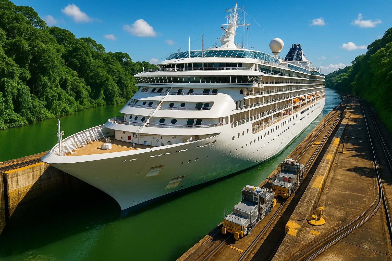 Cruise ship rising in a Panama Canal lock chamber