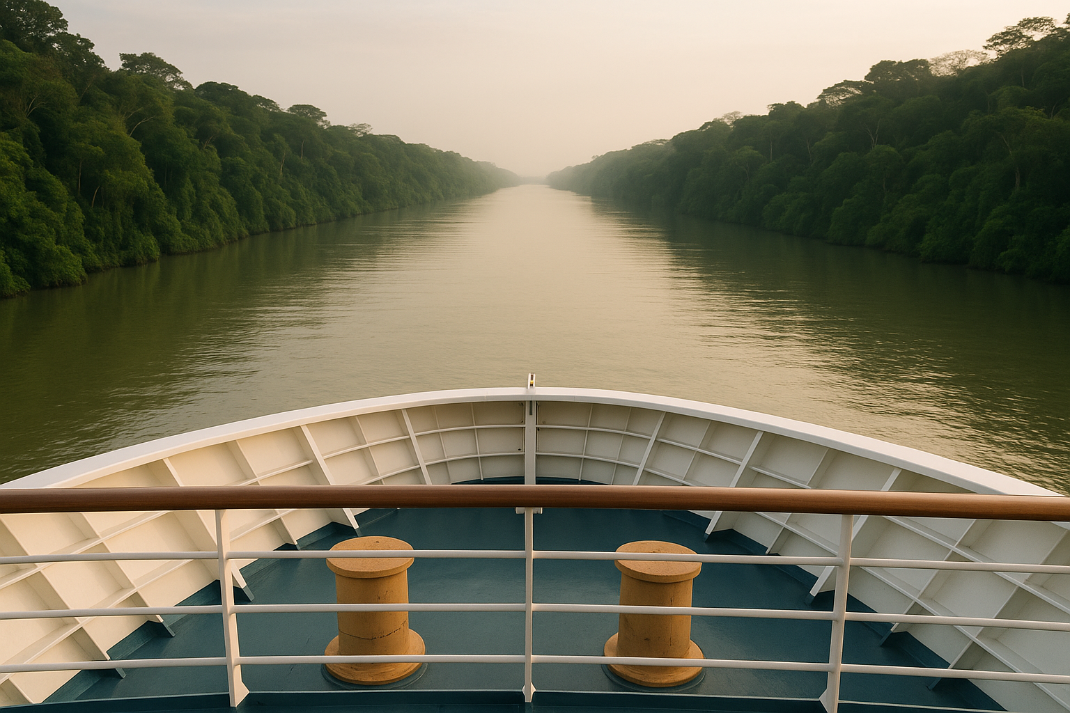 View from a ship bow along the Panama Canal channel through rainforest
