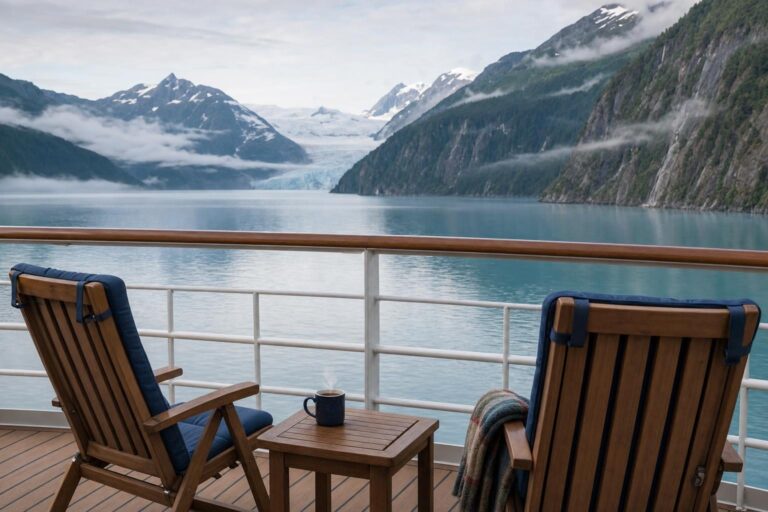 Misty Alaska fjord seen from a cruise balcony with two deck chairs at dawn