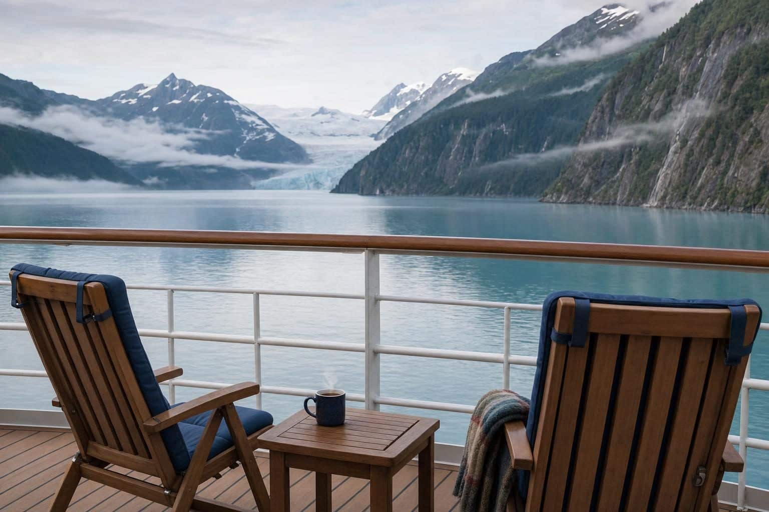 Misty Alaska fjord seen from a cruise balcony with two deck chairs at dawn