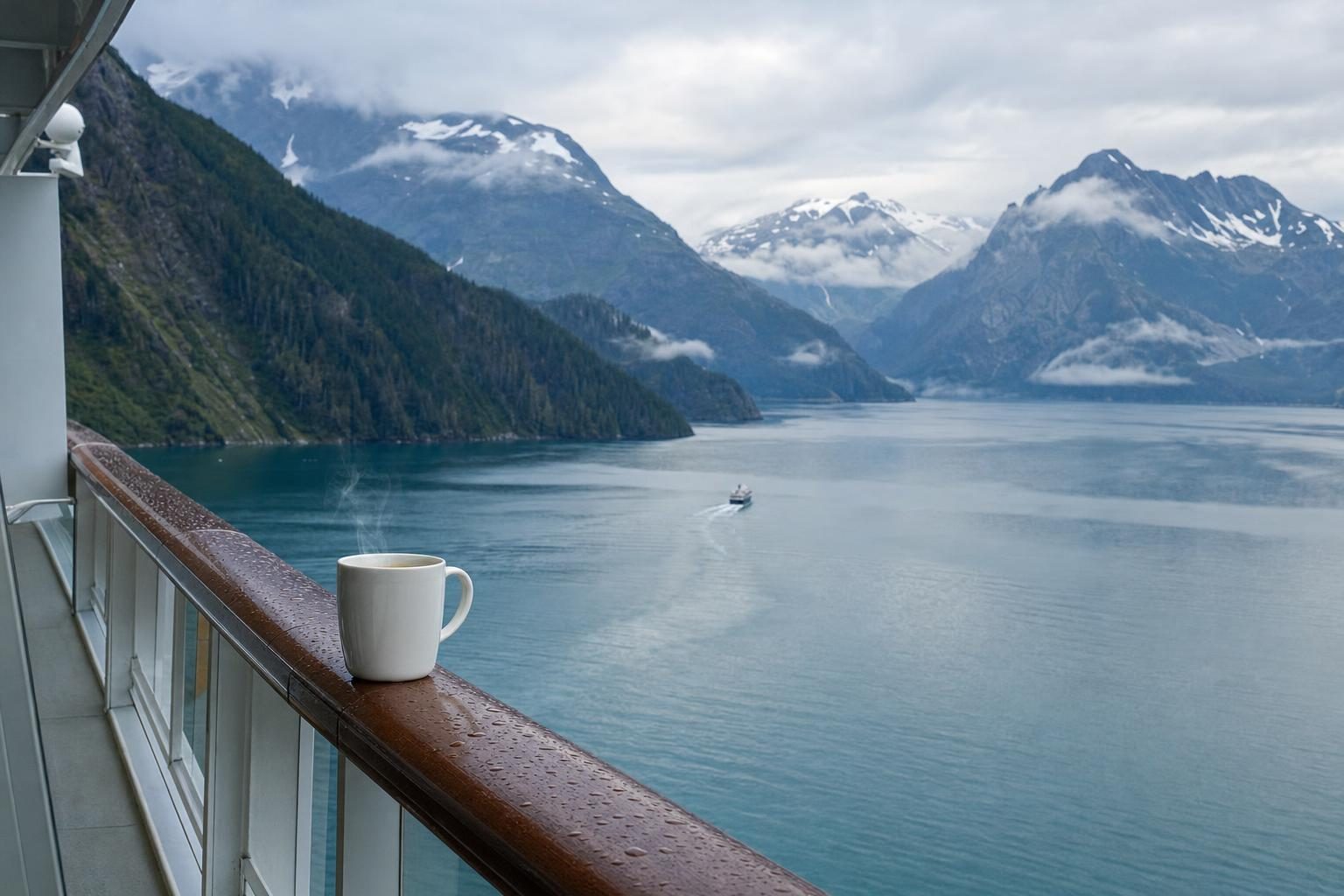 Misty fjord and forested mountains seen from a cruise ship balcony at dawn