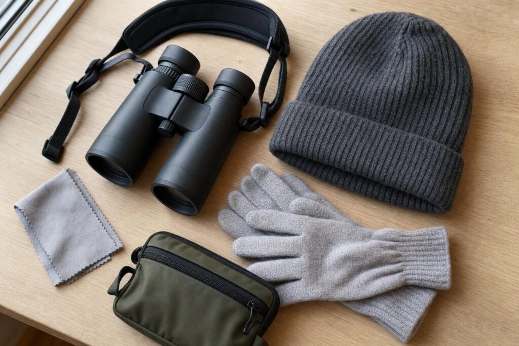 Flat-lay of binoculars, lens cloth, beanie and gloves packed for an Alaska cruise