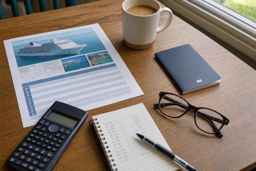 Travel budget planning flat-lay with calculator, notebook, passport and coffee for an Alaska cruise