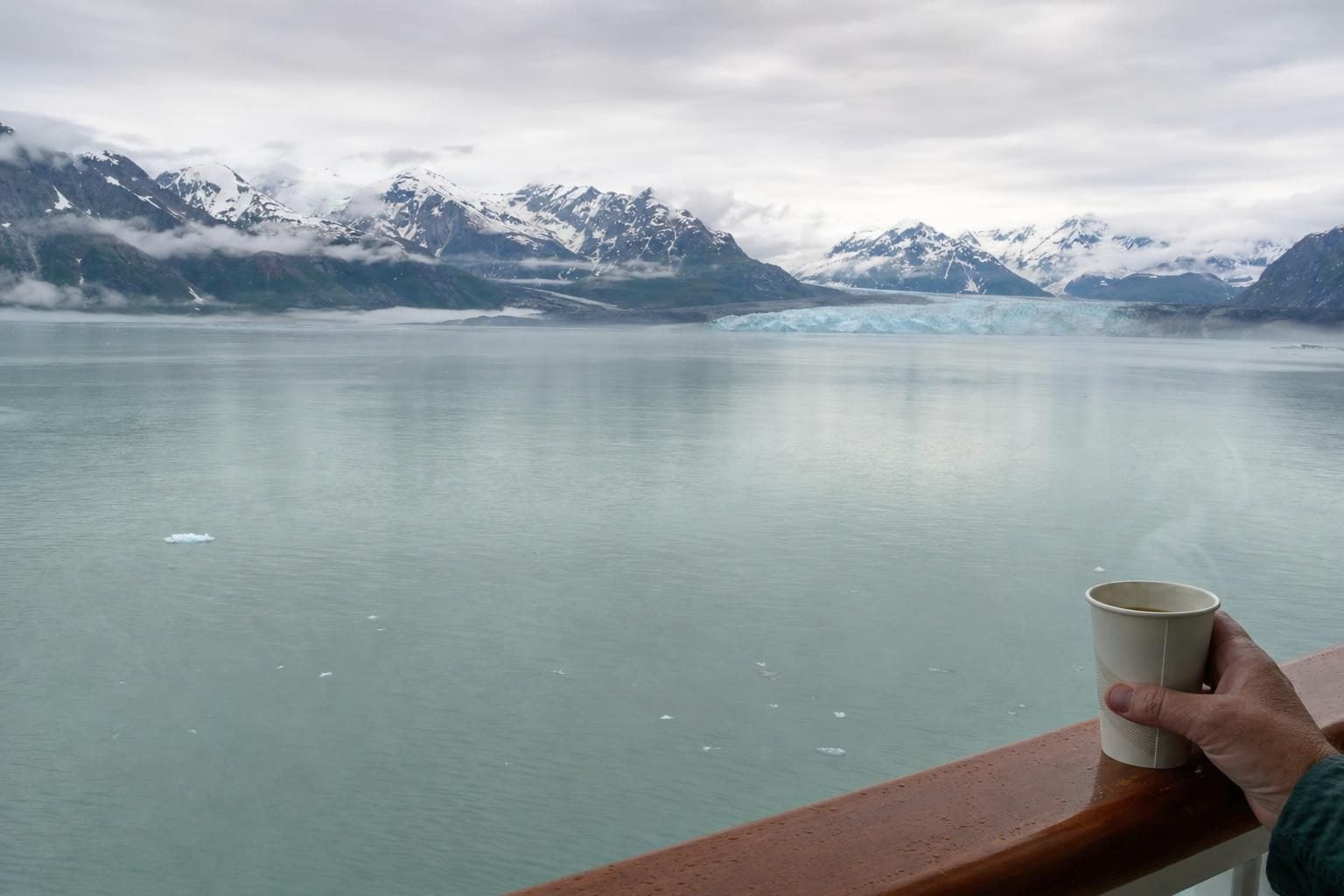 Misty glacier fjord seen from a cruise ship balcony on an Alaska cruise to Glacier Bay