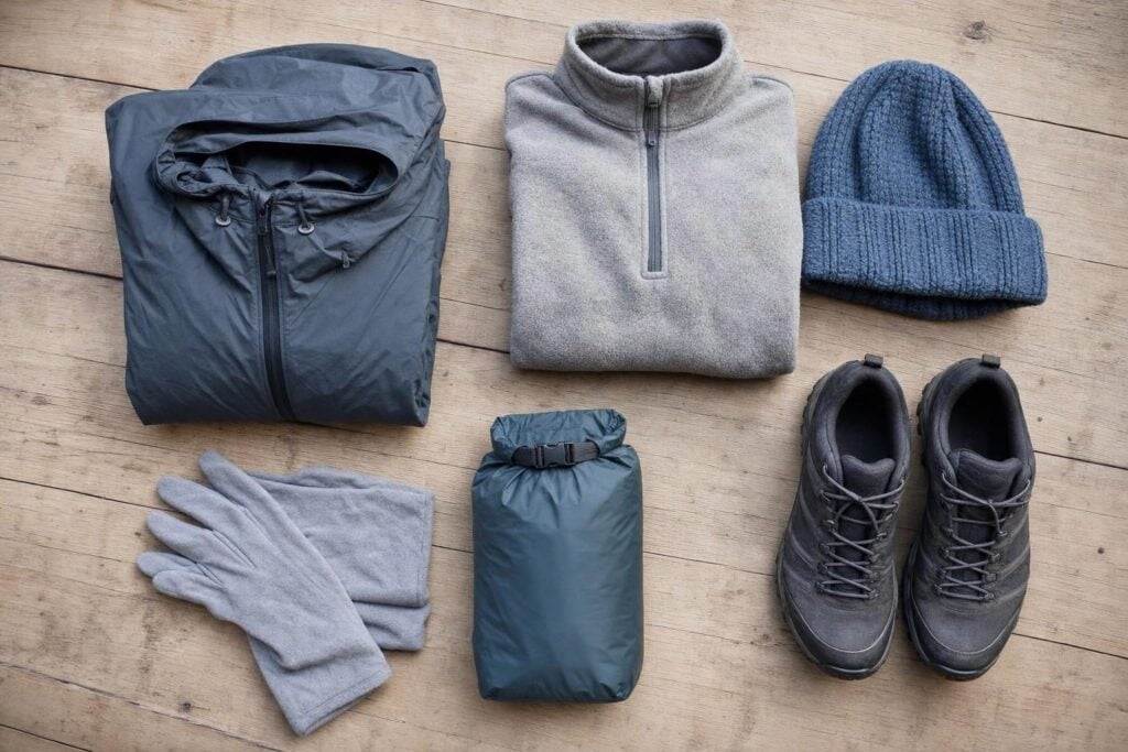 Alaska cruise layering flat-lay with rain shell, fleece, beanie, gloves, dry bag and waterproof shoes