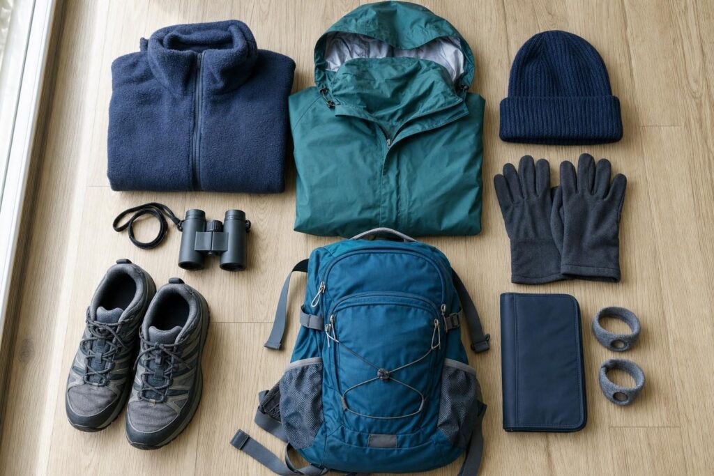 Flat-lay of layers, rain shell, binoculars and wristbands for an Alaska cruise from California